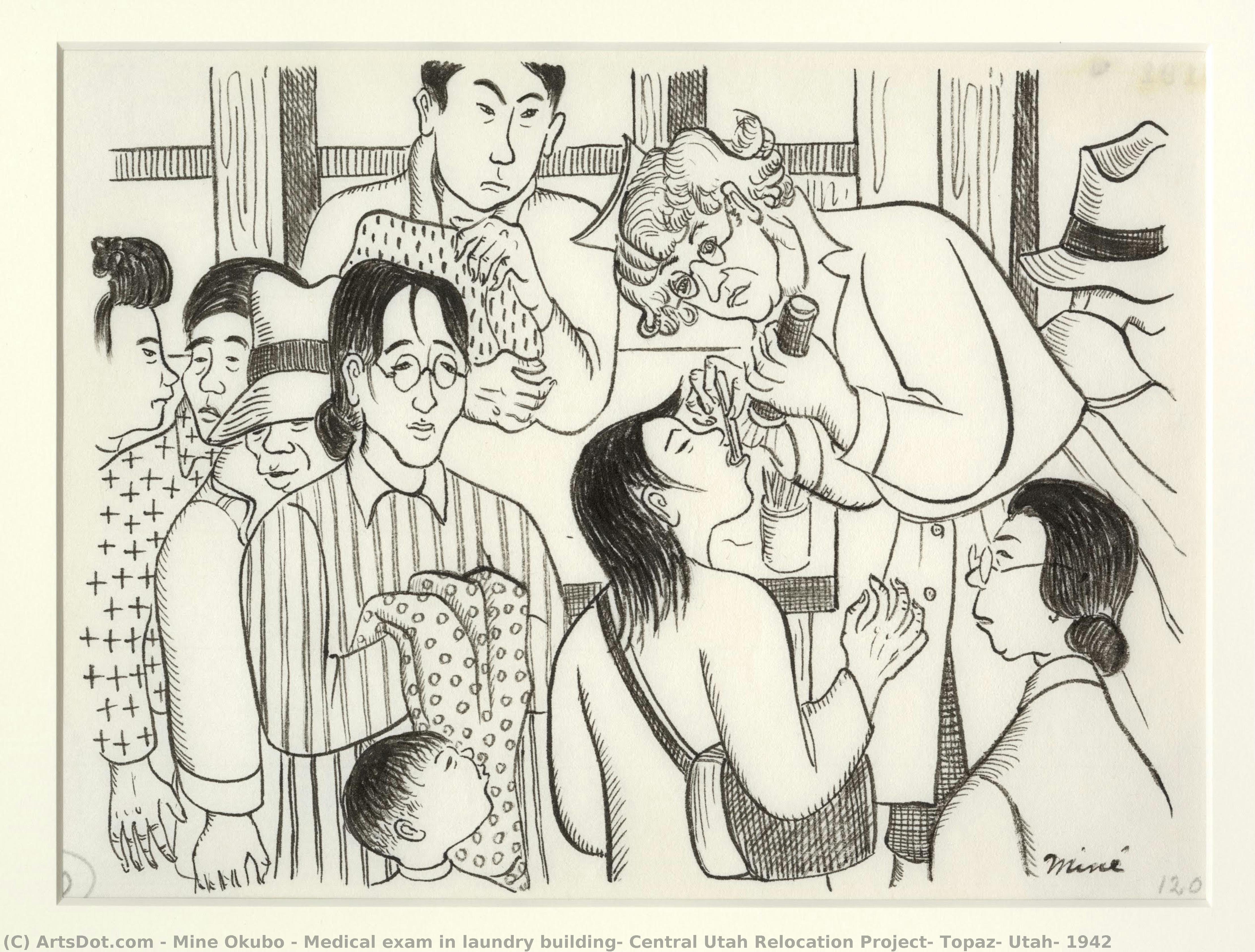 Medical Exam In Laundry Building, Central Utah Relocation Project, Topaz, Utah, 1942 — Miné Okubo