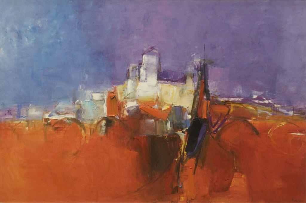 Orange Landscape With Building On River — Donald Hamilton Fraser