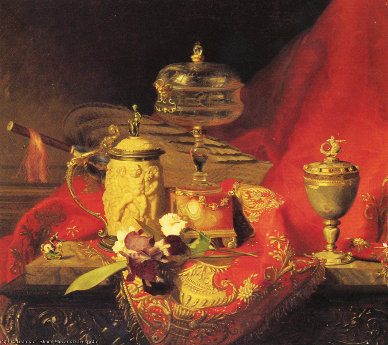 Still Life With Iris And Urns On A Red Tapestry — Blaise Alexandre Desgoffe