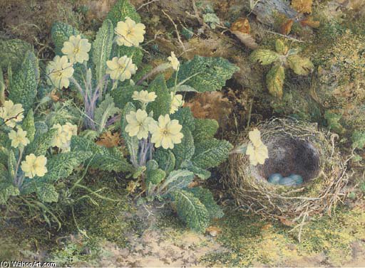 Primulas And A Bird's Nest On A Mossy Bank — William Henry Hunt