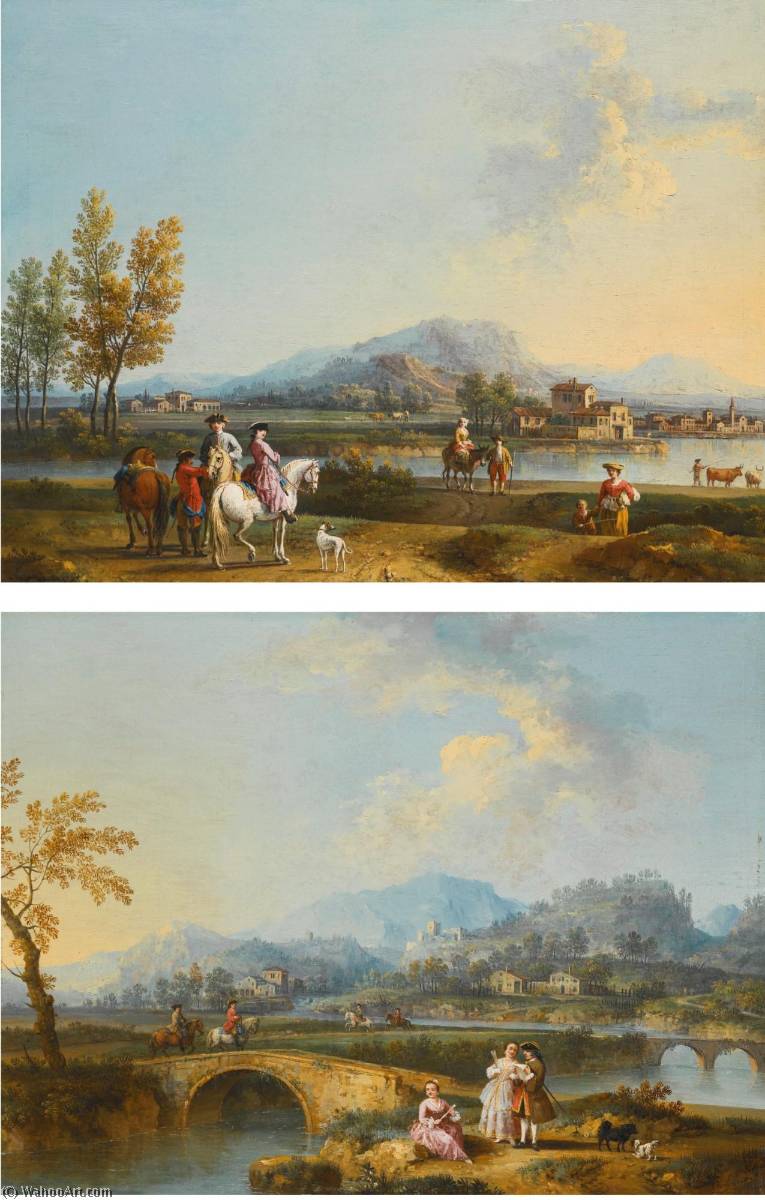 An Italianate Landscape With Elegant Figures On Horseback, Before A Riverside Town An Italianate Landscape With Horsemen Crossing A Bridge, A Lady And Gentleman In The Foreground — Giovanni Battista Cimaroli