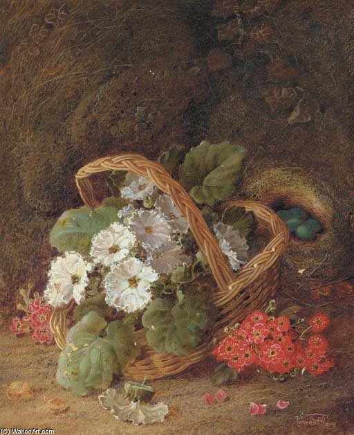 Primulas In A Wicker Basket, Apple Blossom, And A Bird's Nest With Eggs — Vincent Clare
