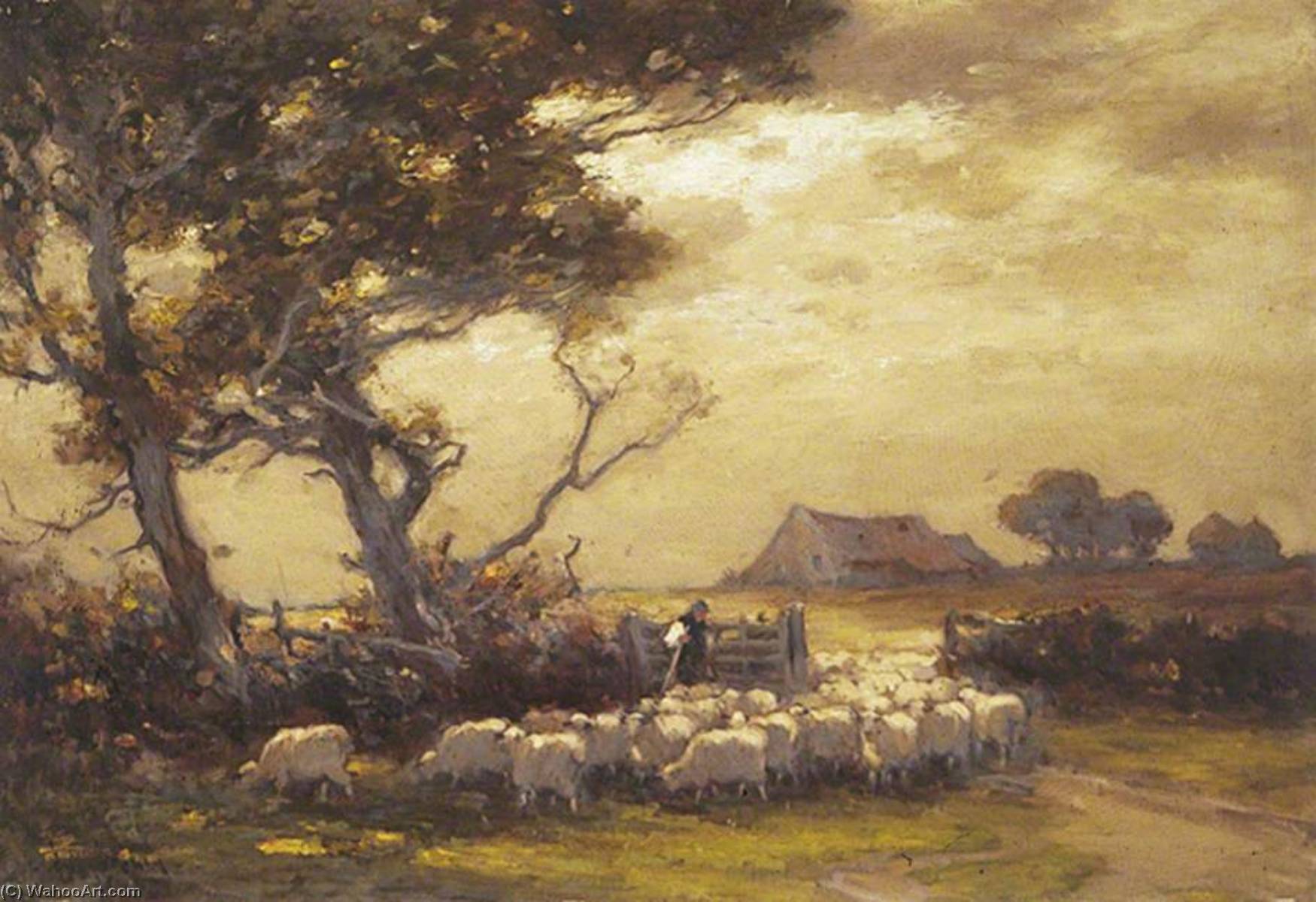 A Flock Of Sheep Passing Through A Gateway — Owen Bowen