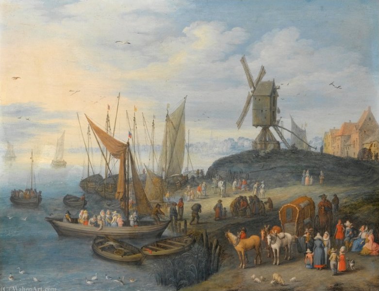 A River Landscape With Figures Both On A Ferry And Waiting On The Shore Beneath A Windmill — Joseph Van Bredael