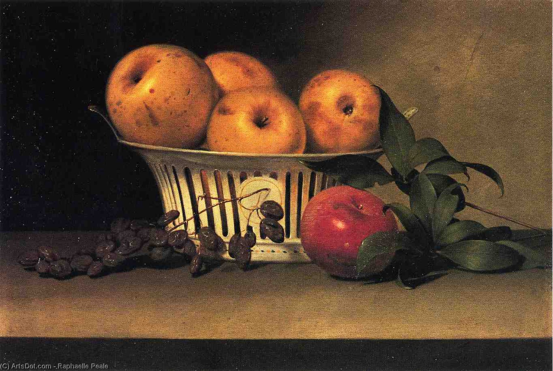 Still Life With Raisins, Yellow And Red Apples In Porcelain Basket — Raphaelle Peale