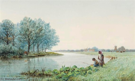 Children Playing By A River, A Village Beyond — George Stanfield Walters