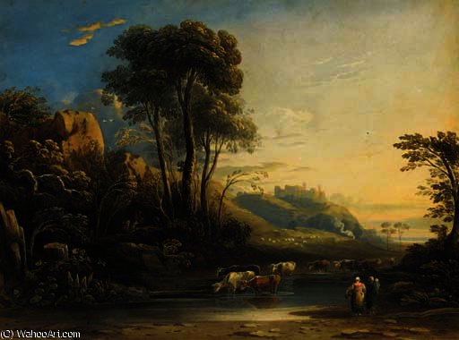 An Extensive Wooded Landscape With Cattle Watering And A Castle Beyond — John Varley I (the Older)