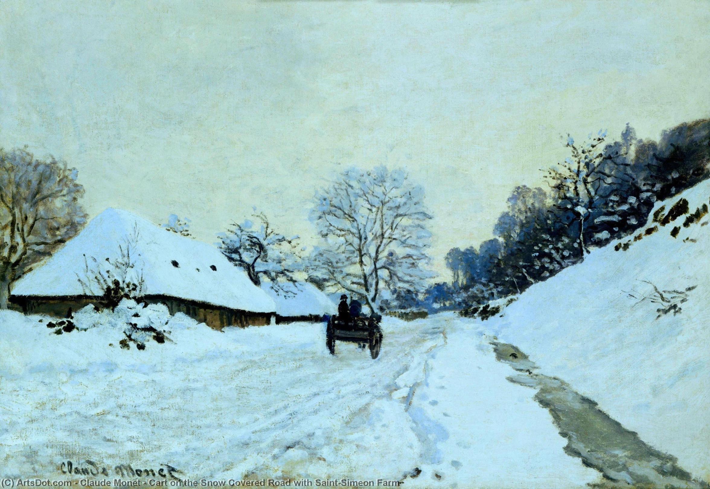 Cart On The Snow Covered Road With Saint-simeon Farm — Claude Monet
