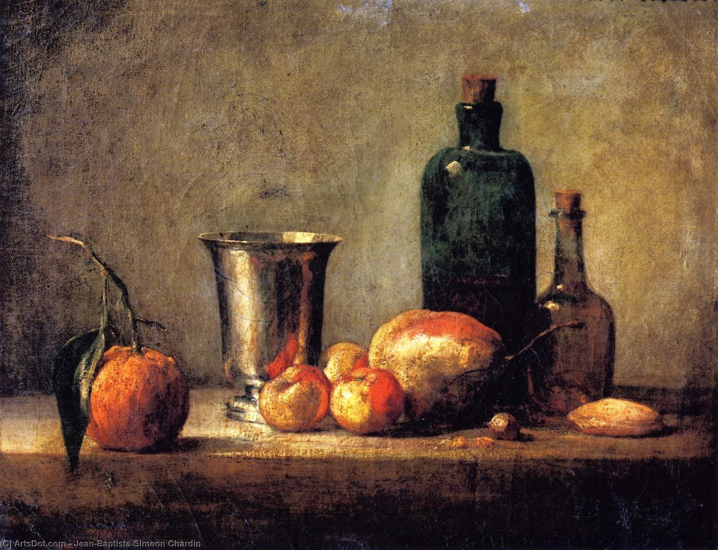 Seville Orange, Silver Goblet, Apples, Pear And Two Bottles — Jean-baptiste-siméon Chardin