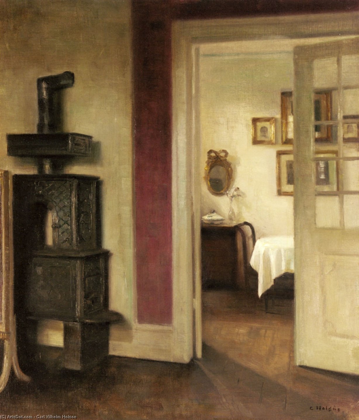 An Interior With A Stove And A View Into A Dining Room — Carl Vilhelm Holsoe