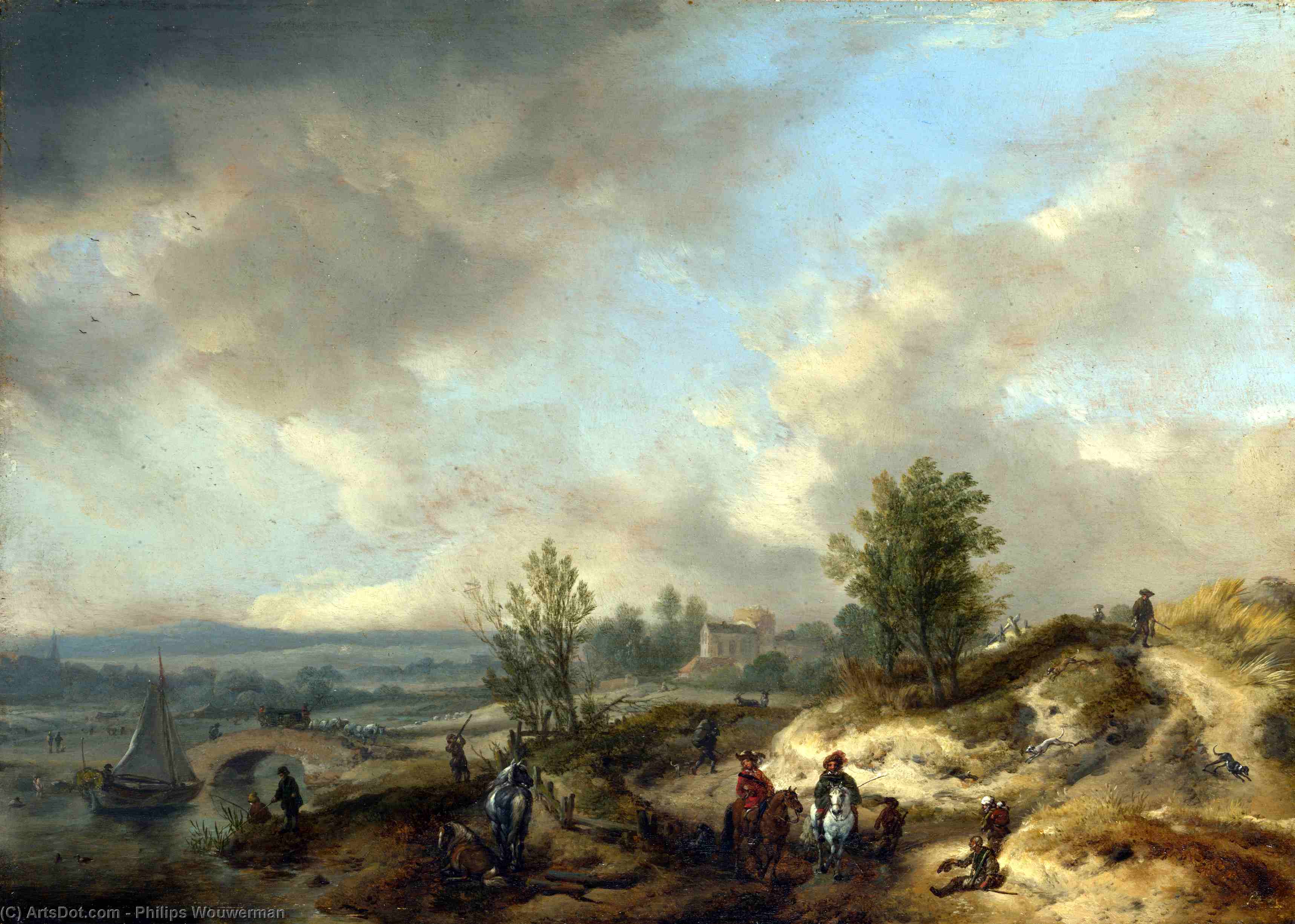 A Dune Landscape With A River And Many Figures — Philips Wouwerman