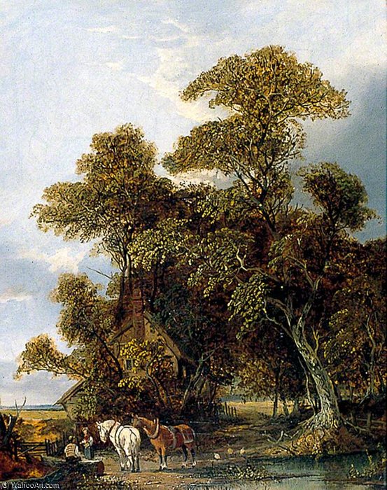 Cottage Landscape With Figures And Horses By A Pond — Paul Jones
