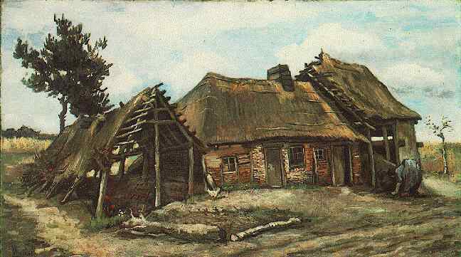Cottage With Decrepit Barn And Stooping Woman — Vincent Willem Van Gogh