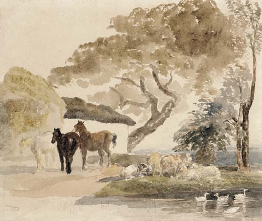 Horses And Sheep By A Farm Pond — Peter De Wint
