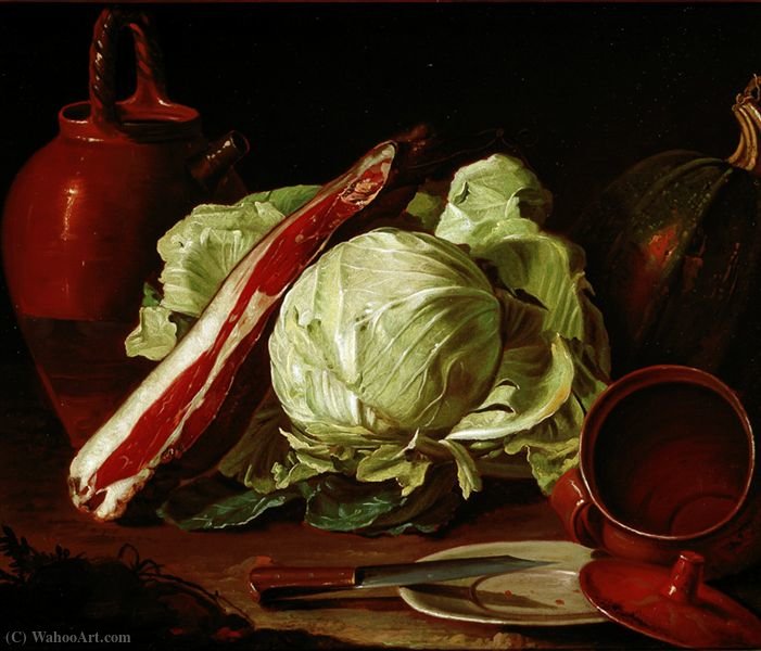 Earthenware, Pumpkin, Cabbage, Pork Shoulder And Plate With Knife Dishes, Pottery Clay And Pewter, Steak And Roosters — Cristoforo Munari