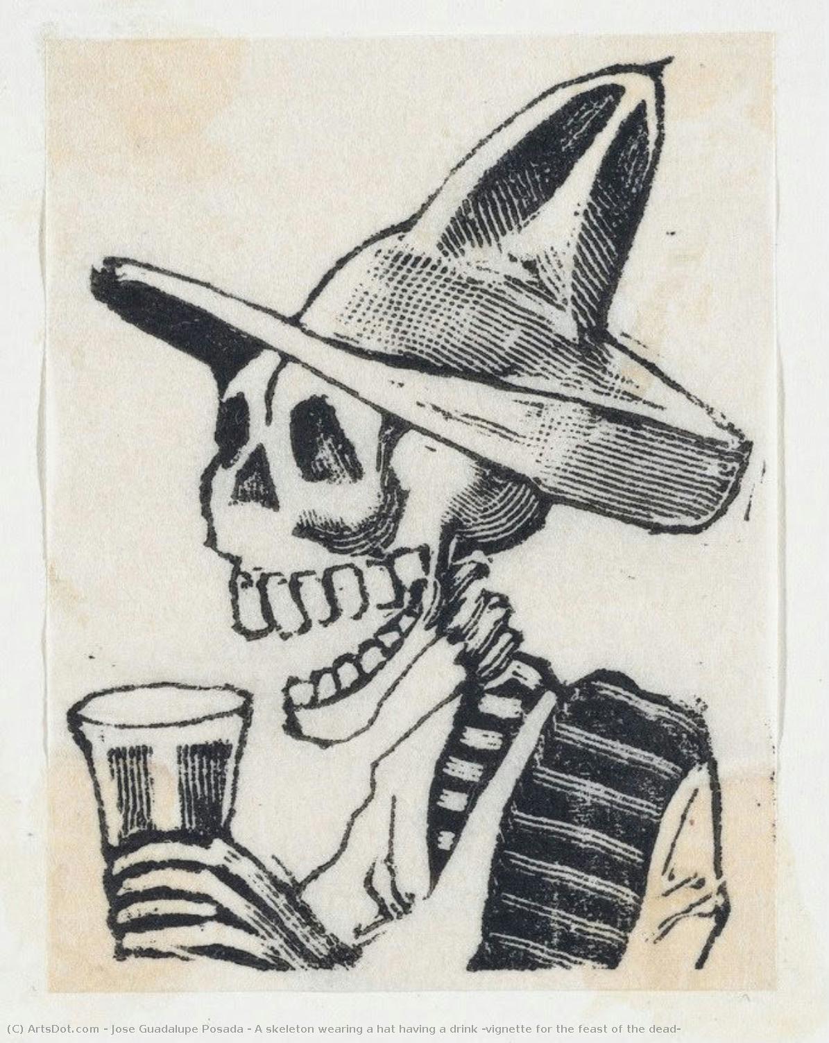 A Skeleton Wearing A Hat Having A Drink (vignette For The Feast Of The Dead) — Jose Guadalupe Posada