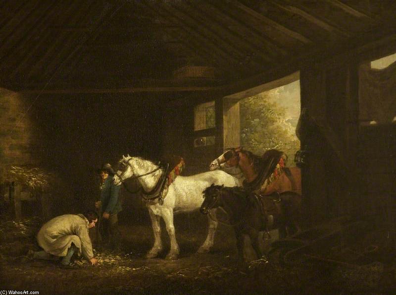 Horses And Farmhands In A Stable — George Morland