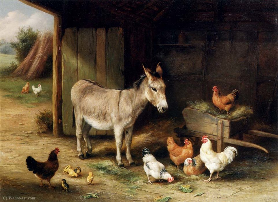 Donkey Hens And Chickens In A Barn — Edgar Hunt