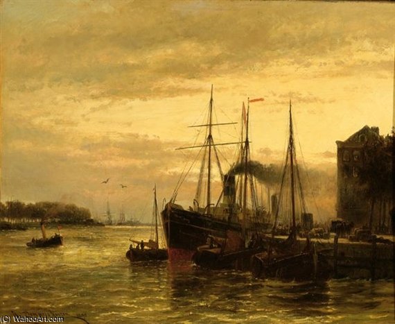 Ships In An Inner Harbour At Sunset — Cornelis Christiaan Dommelshuizen