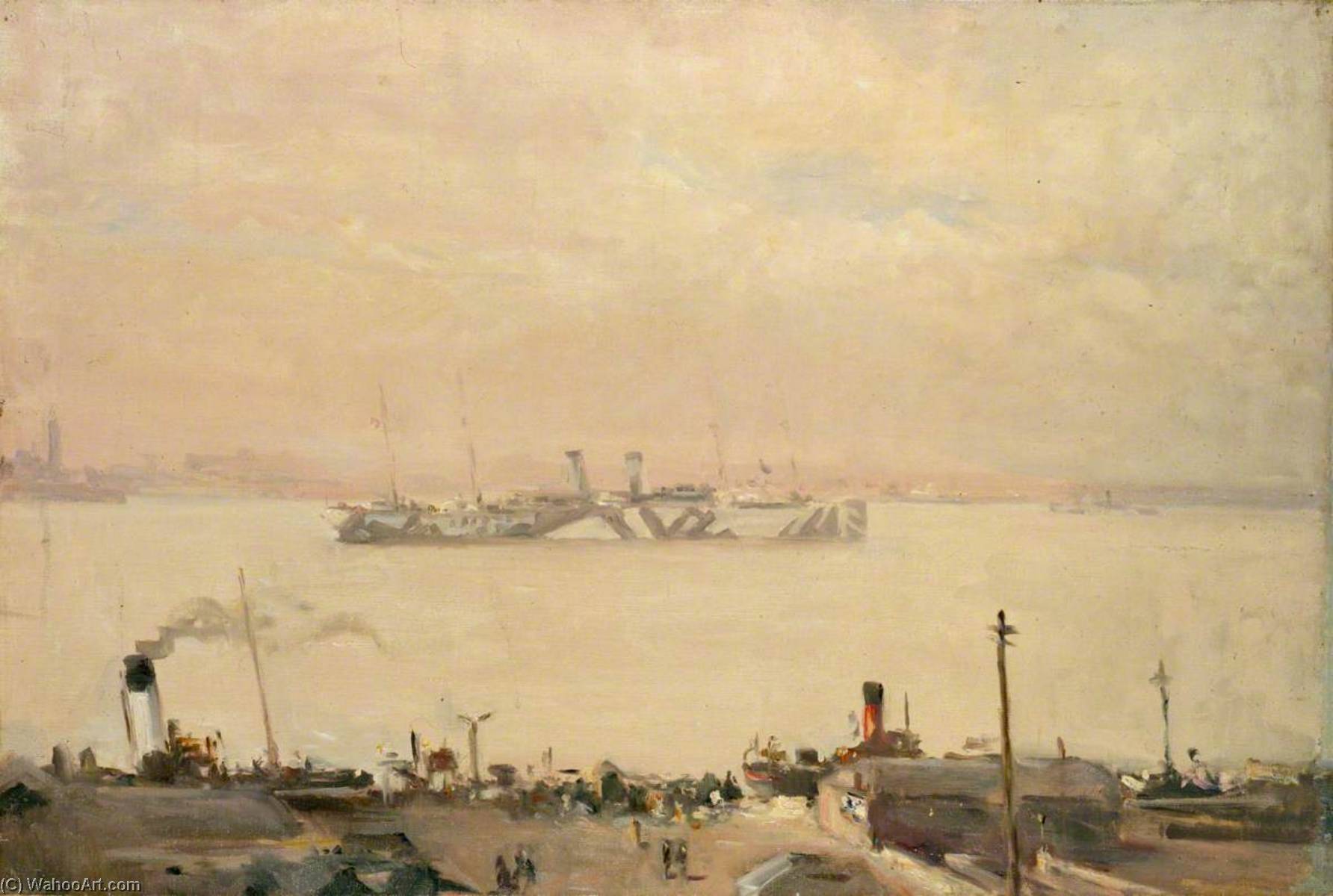 Ss 'cedric', White Star Liner, Lying In The Mersey With The Ferry Boat 'iris' Of Zeebrugge Fame On The Left — Sholto Johnstone Douglas