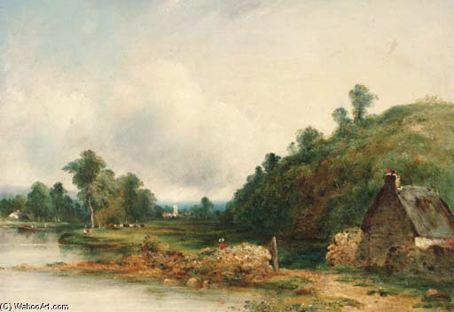 Figures By A River In A Wooded Landscape — Frederick Waters (william) Watts