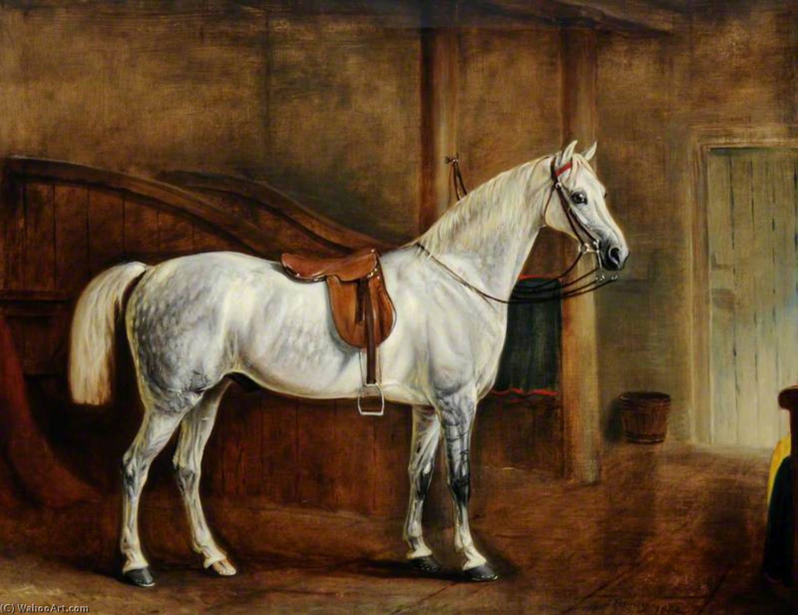 A Saddled Grey Hunter In A Loose Box — Sr John E Ferneley