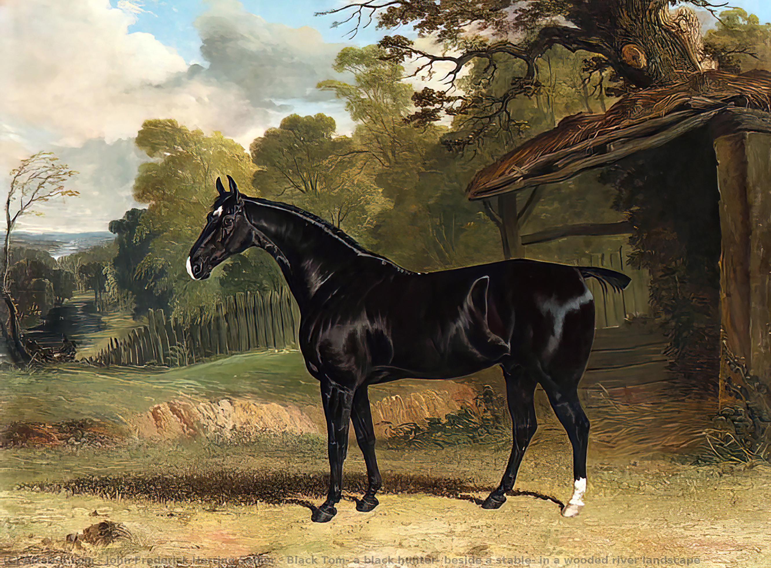 Black Tom, A Black Hunter, Beside A Stable, In A Wooded River Landscape — John Frederick Herring Senior