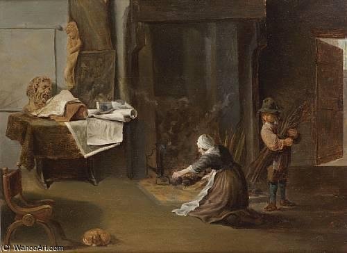 A Maid Stoking A Fire With A Boy Holding Firewood — Matheus Van Helmont