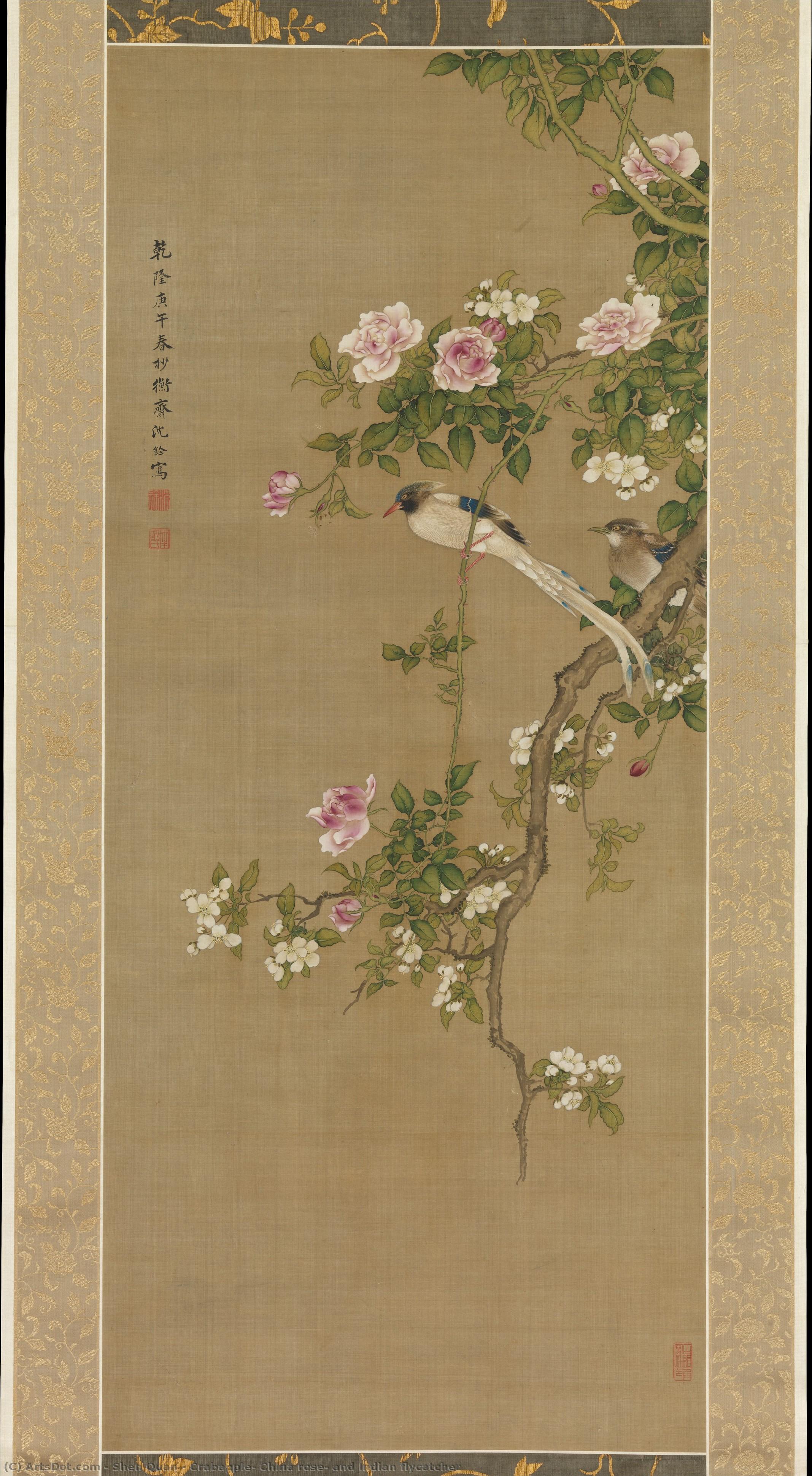 Crabapple, China Rose, And Indian Flycatcher — Shen Quan