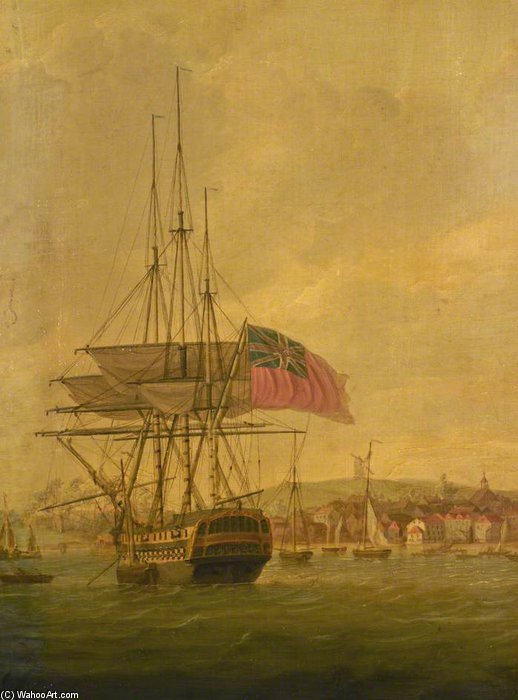 A Ship At Anchor Near A Village — Thomas Luny