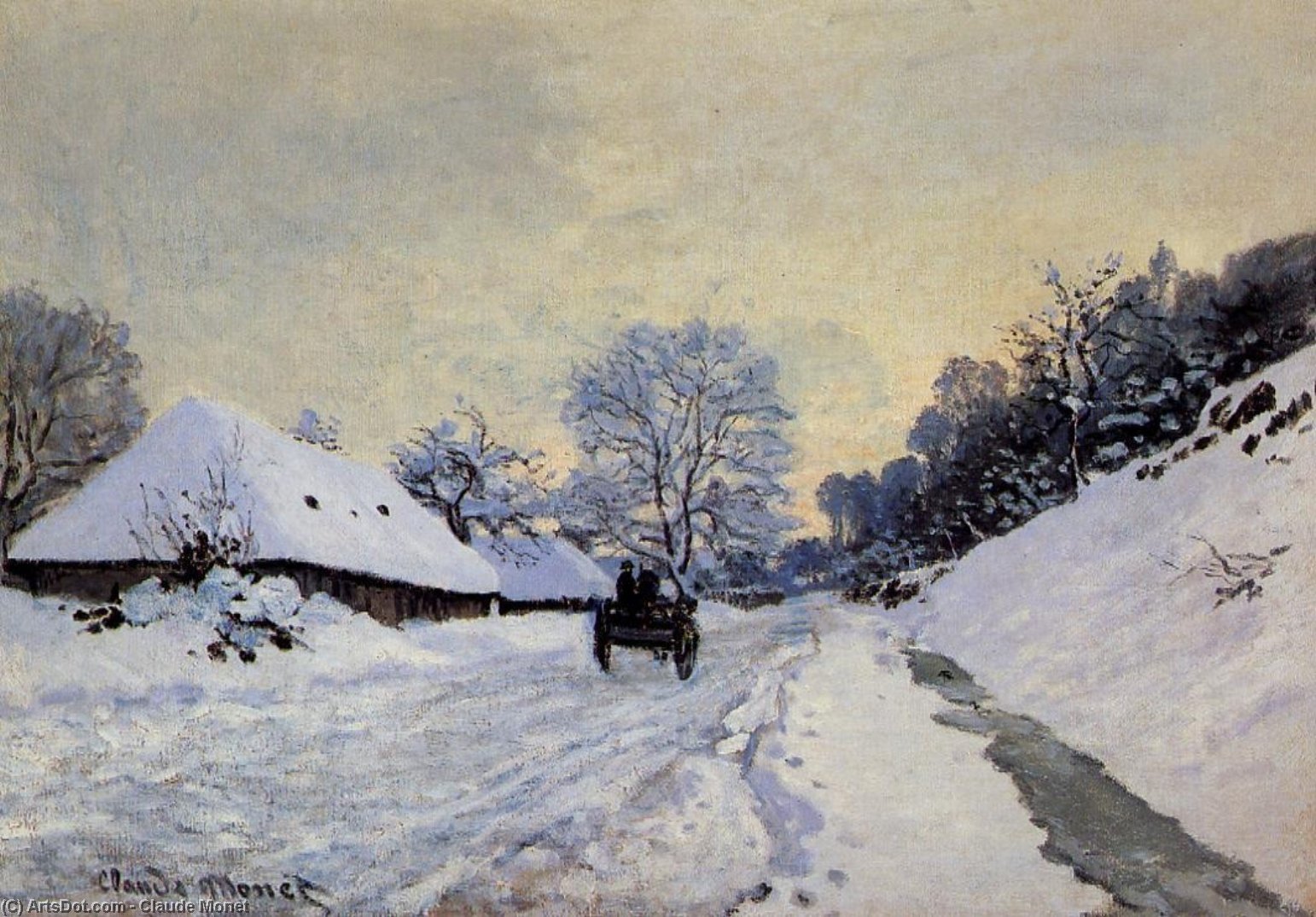 A Cart On The Snow Covered Road With Saint-simeon Farm — Claude Monet