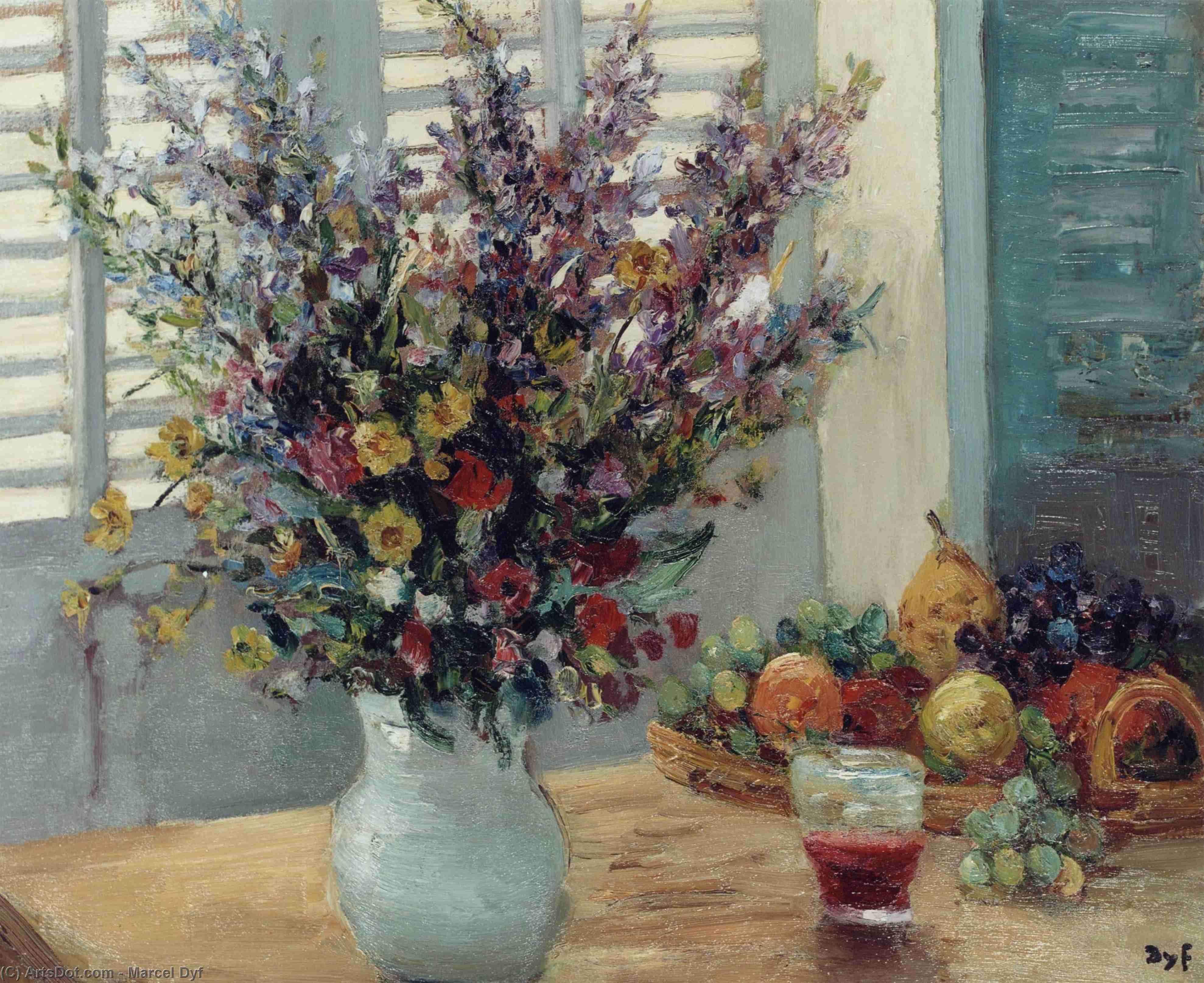 Vase Of Flowers And Fruit On A Table — Marcel Dyf