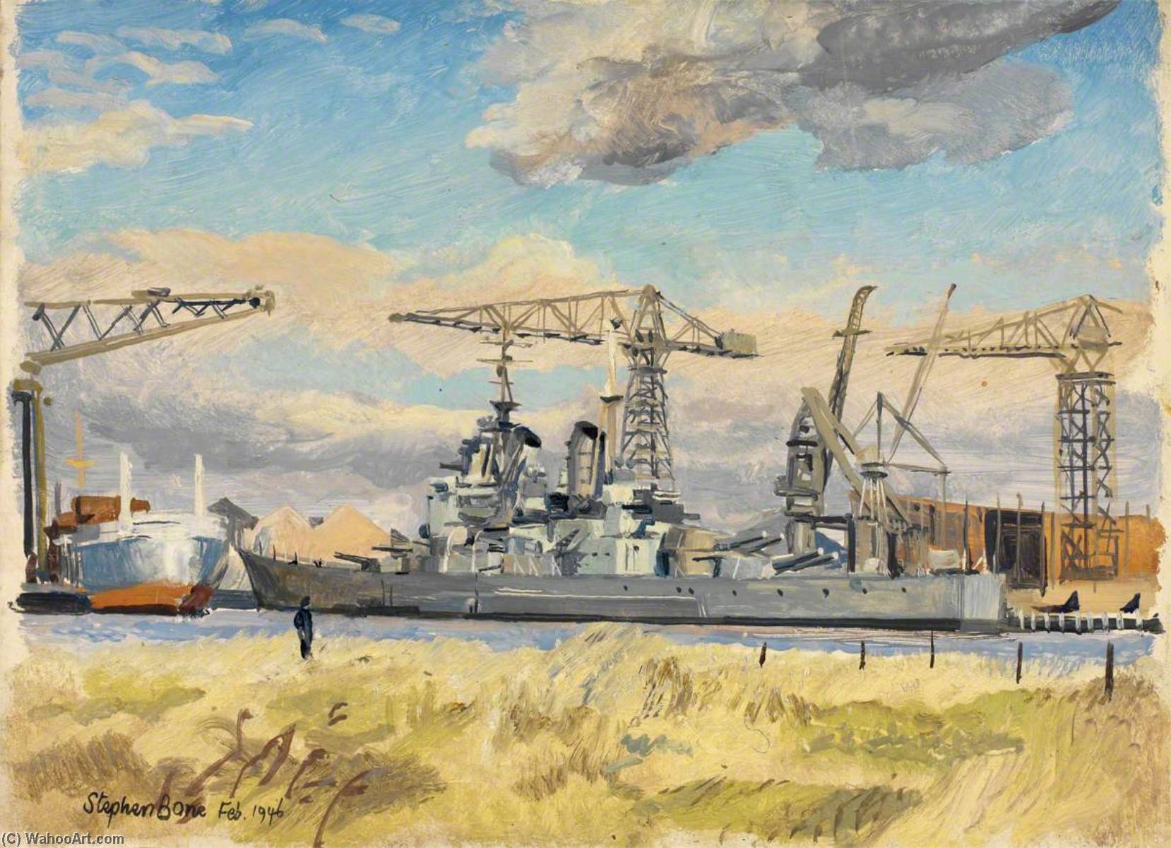 Hms 'vanguard' From Across The Clyde, February 1946 — Stephen Bone