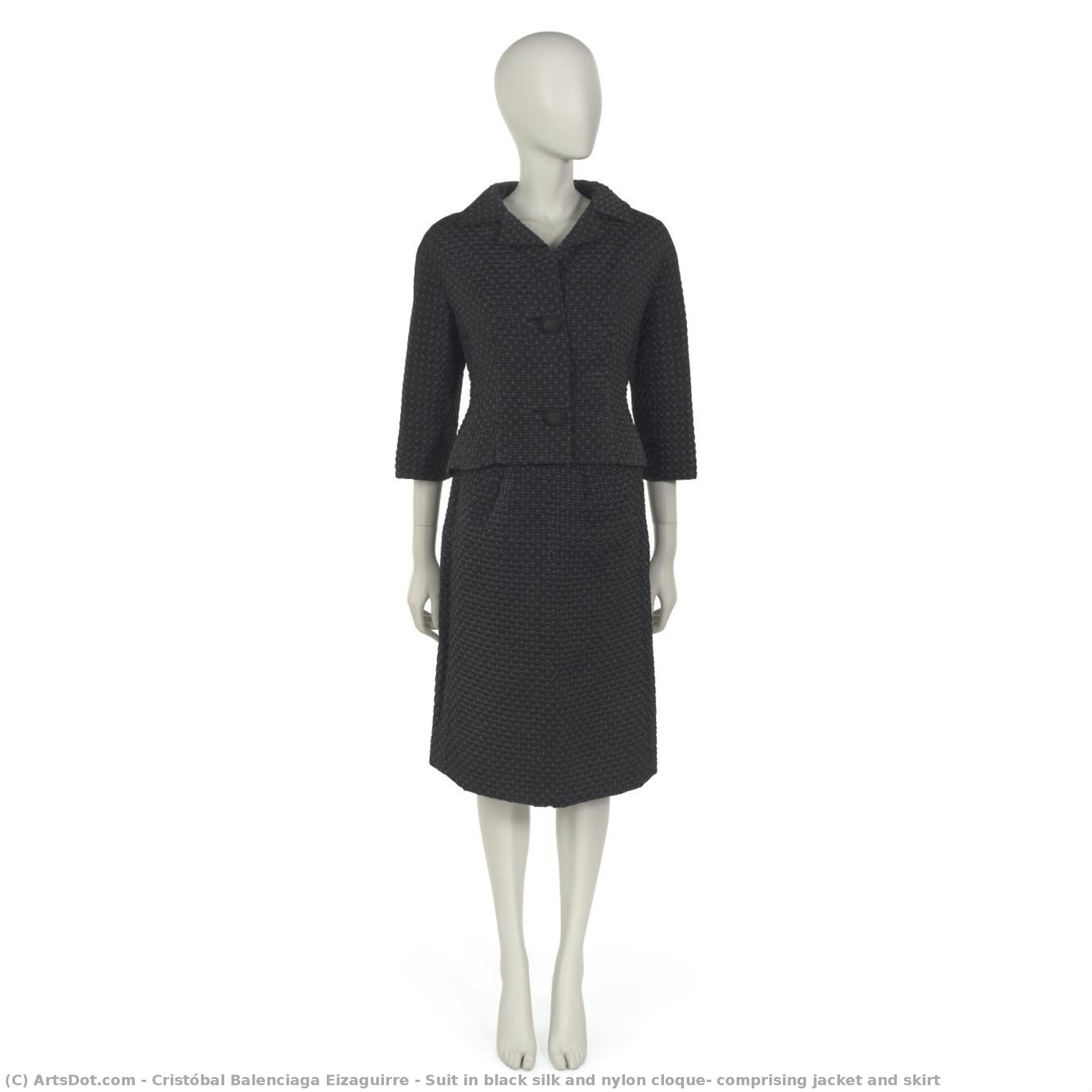 Suit In Black Silk And Nylon Cloque, Comprising Jacket And Skirt — Cristóbal Balenciaga Eizaguirre