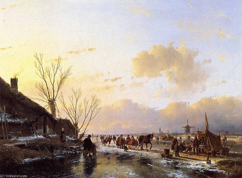 People On Frozen River Sun — Andreas Schelfhout