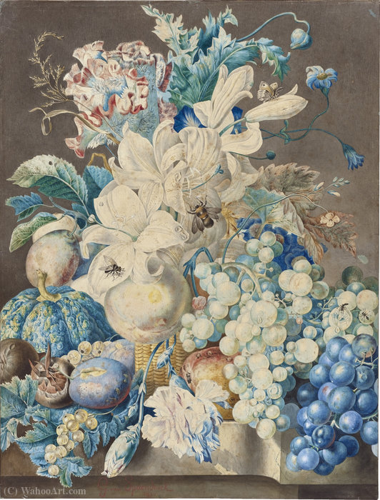 Still Life With Flowers And Fruit In A Basket — Gerard Van Spaendonck