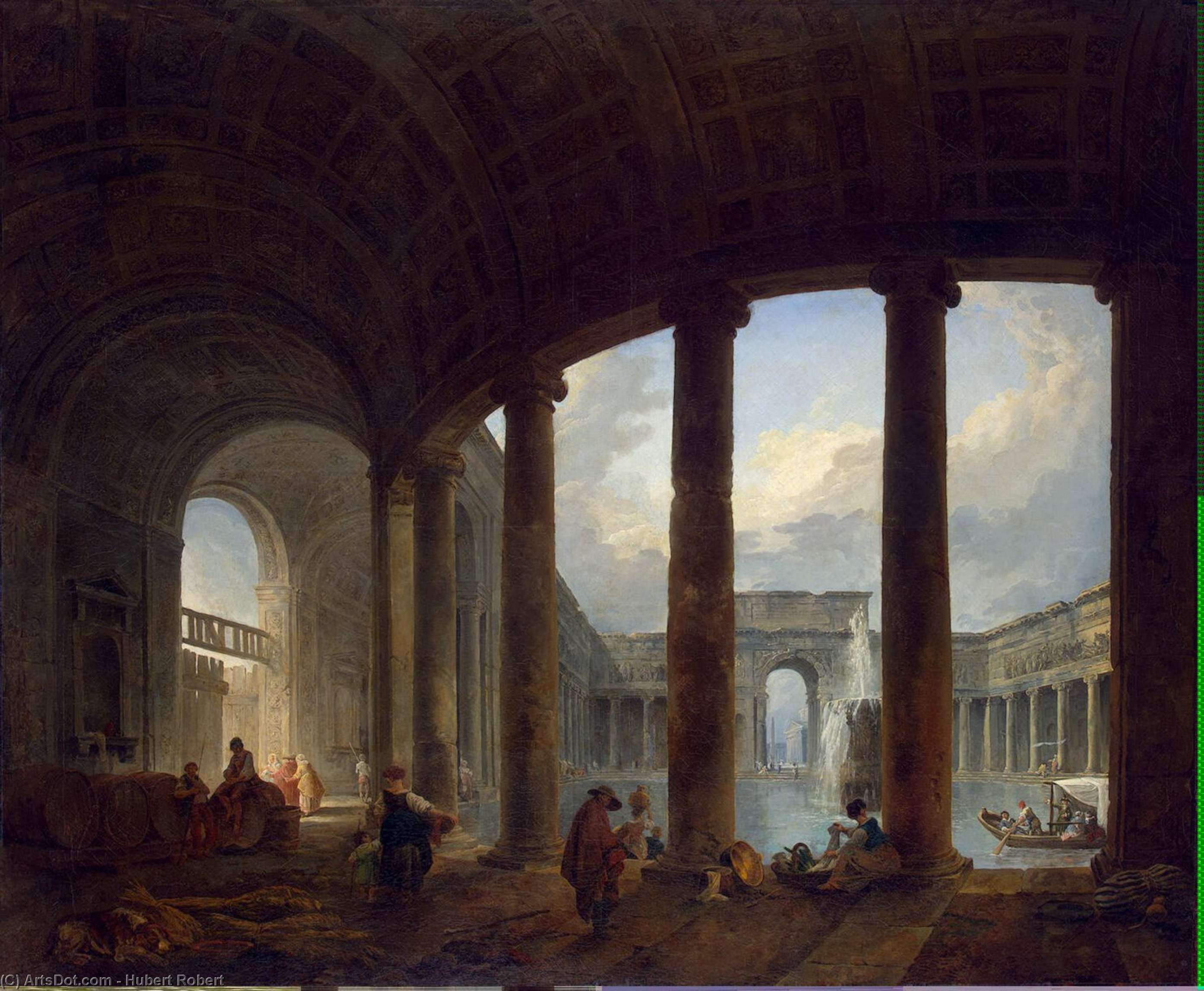 Pool Surrounded By A Colonnade — Hubert Robert