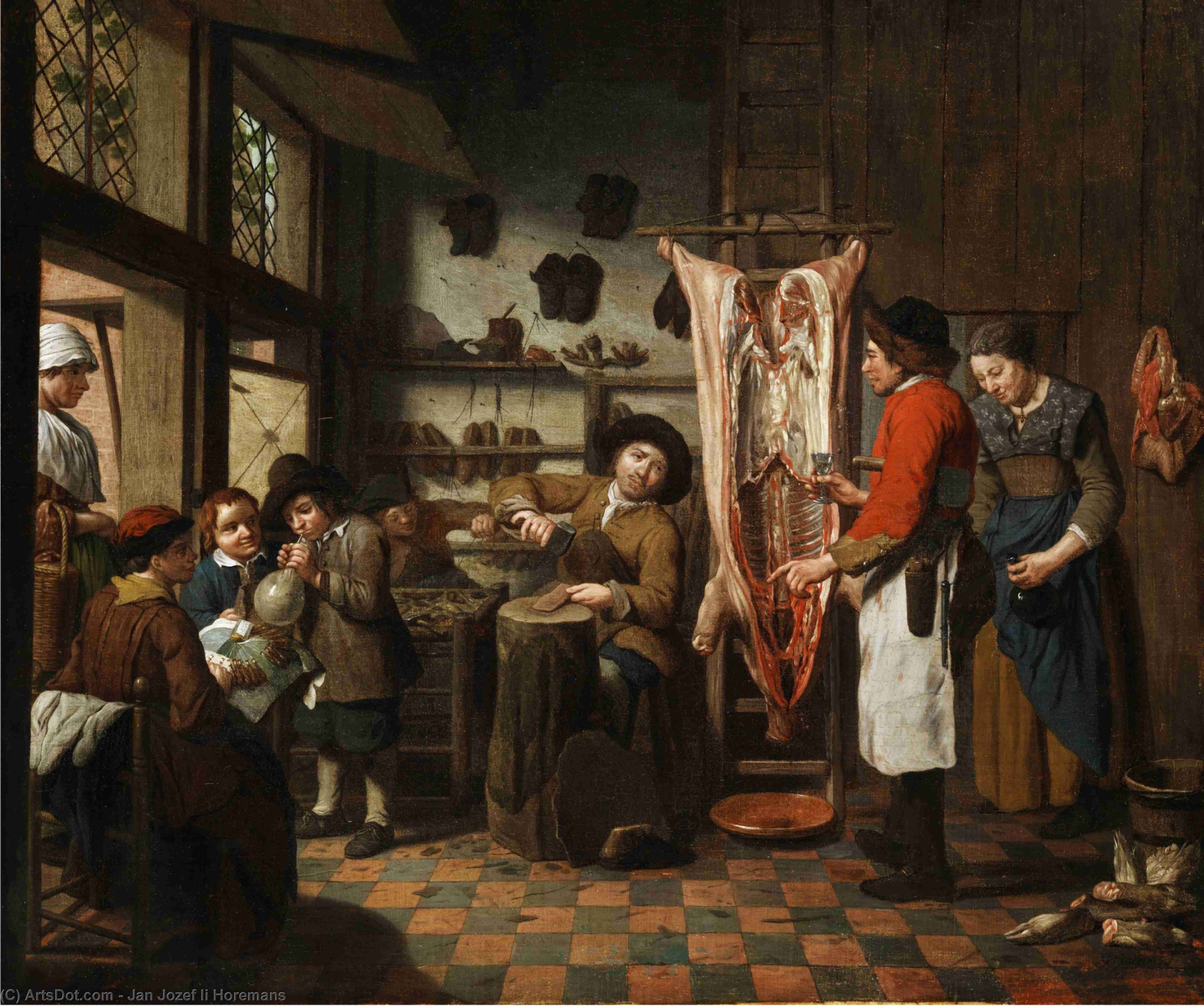 Workshop Interior With A Shoemaker, A Butcher, A Lacemaker And A Boy Who Inflates A Saublase — Jan Jozef Ii Horemans