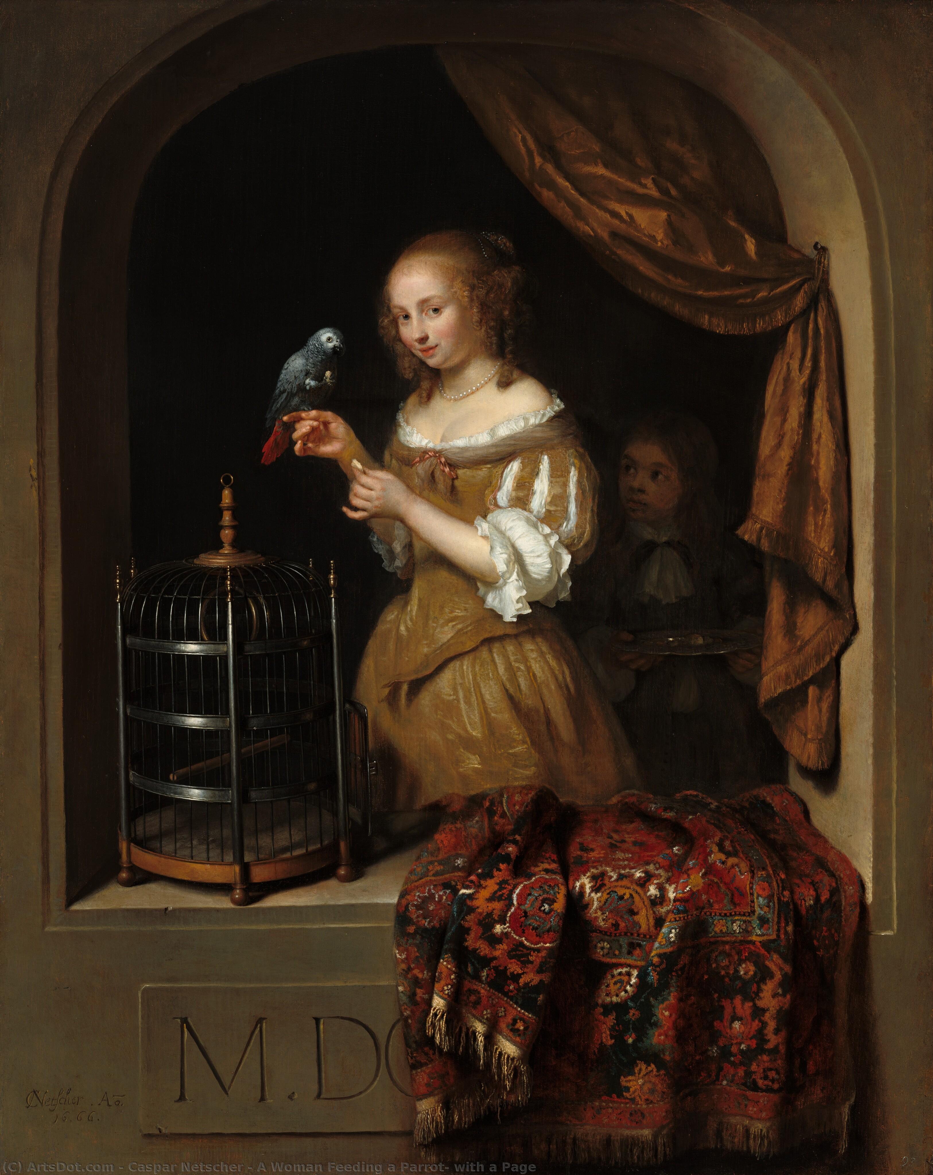 A Woman Feeding A Parrot, With A Page — Netscher, Caspar