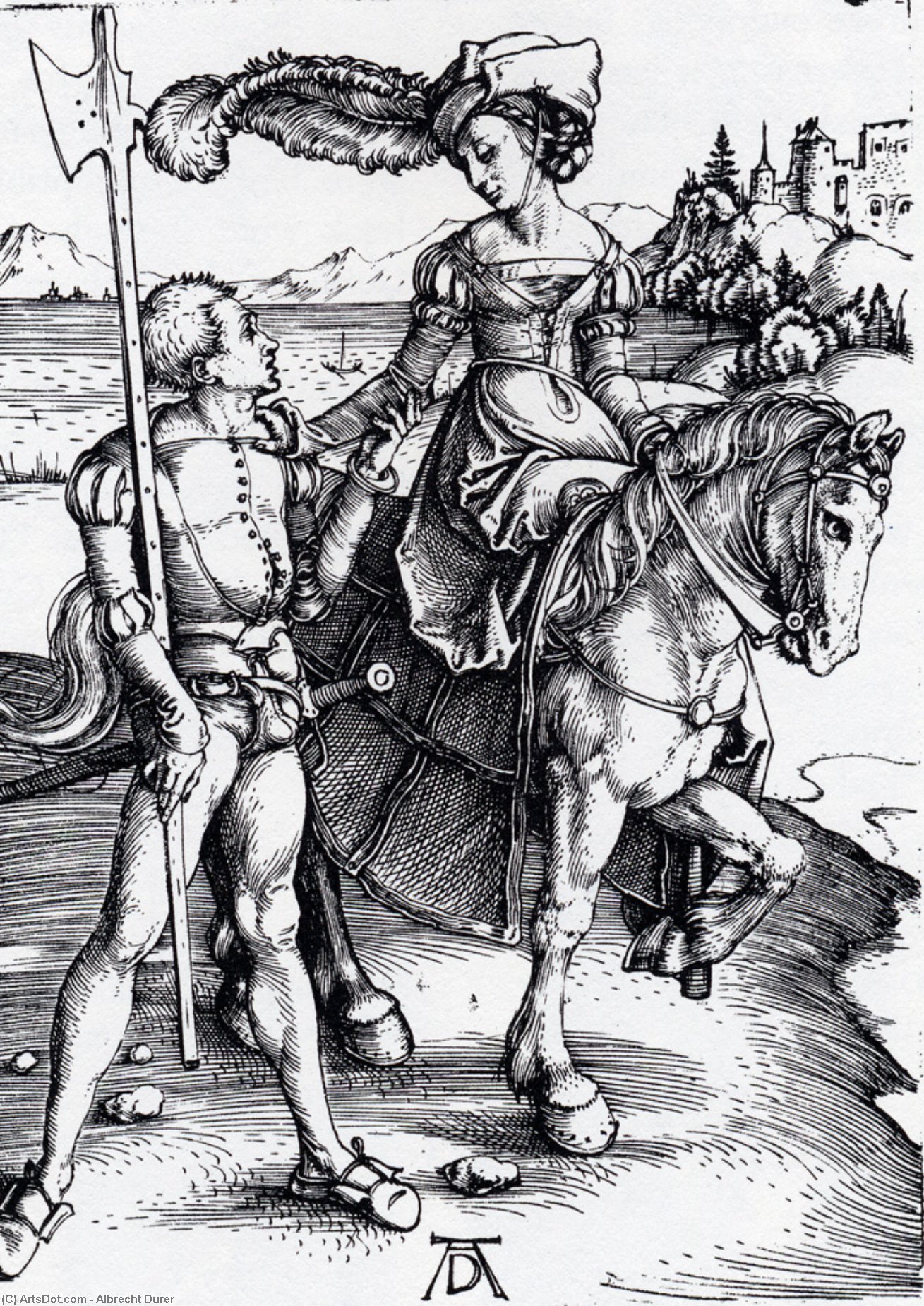 Lady On Horseback And Lansquenet — Albrecht Dürer