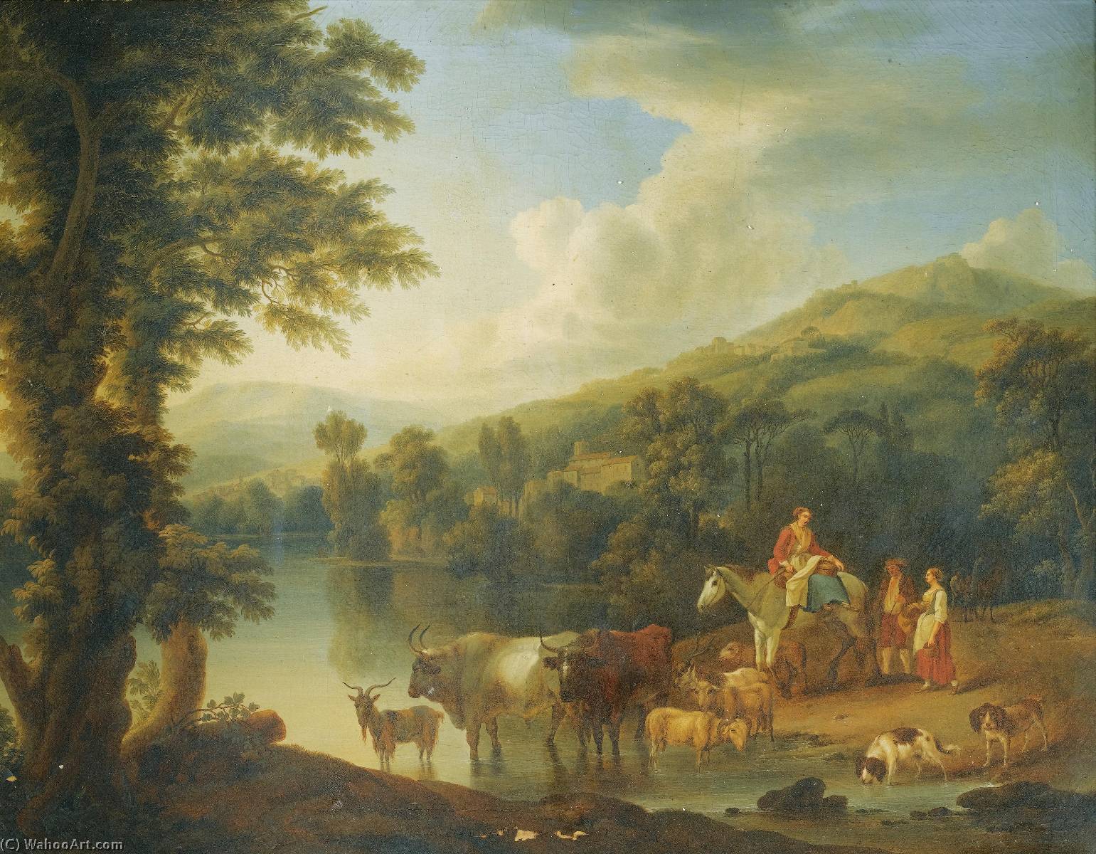 A Wooded River Landscape With A Woman On A Grey Horse With Animals Watering A Wooded River Landscape With A Shepherd Resting Beneath A Tree By Cows And Goats — Jakob Philipp Hackert