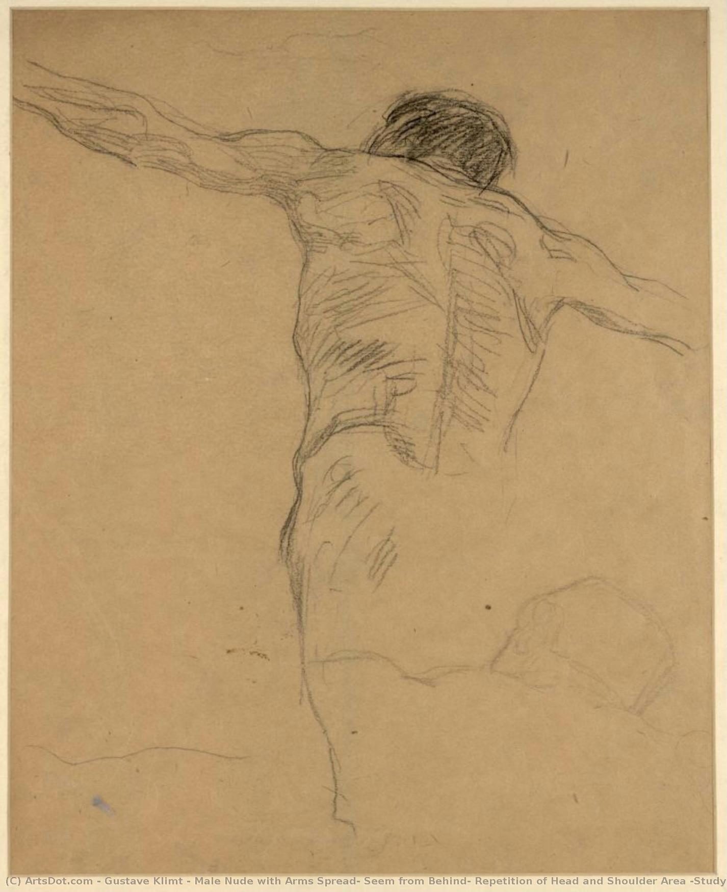 Male Nude With Arms Spread, Seem From Behind, Repetition Of Head And Shoulder Area (study For The Oil Sketch Or The Transfer Sketch For — Gustav Klimt