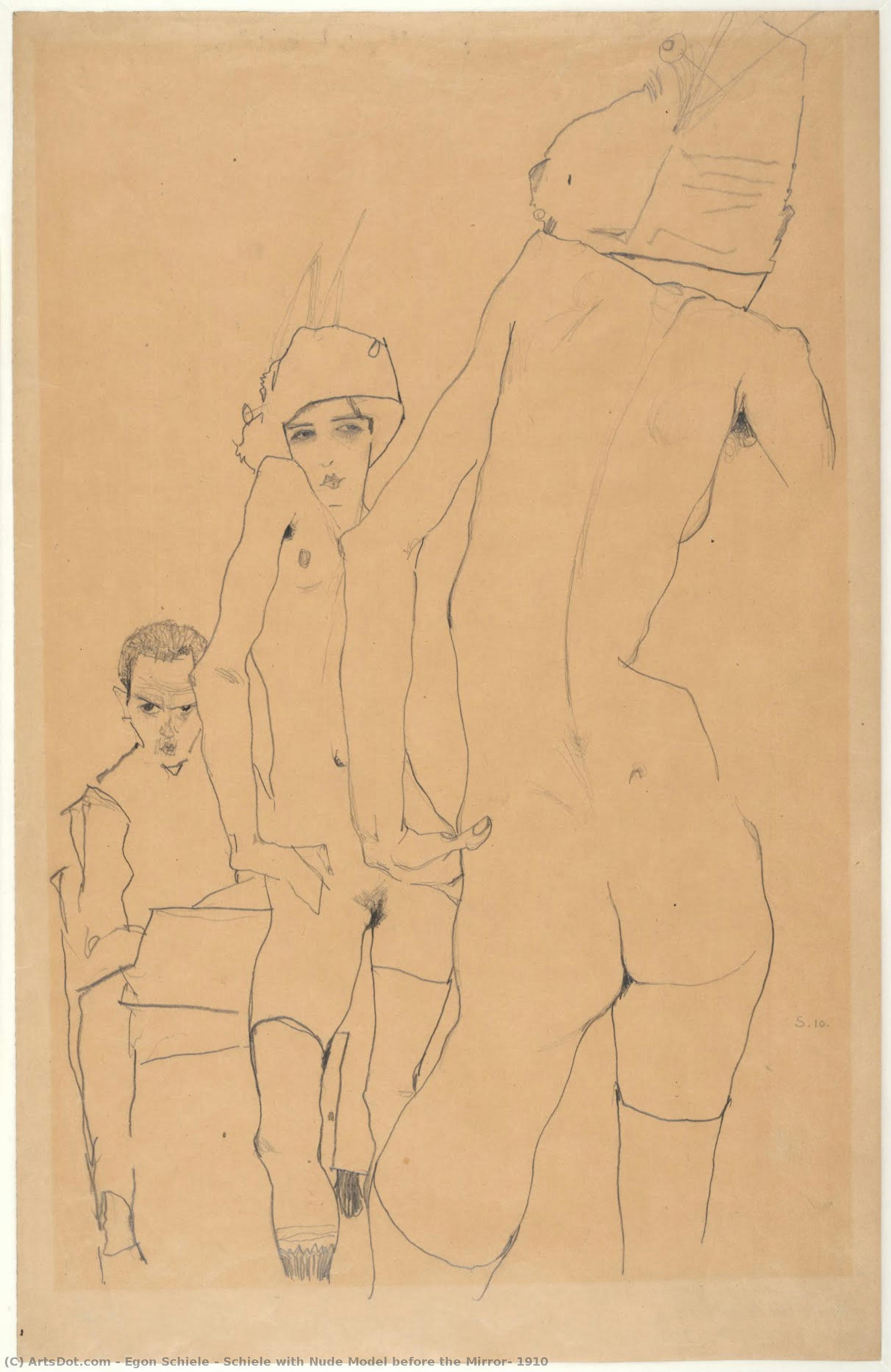 Schiele With Nude Model Before The Mirror, 1910 — Egon Schiele