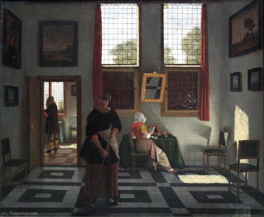 Interior With Painter, Woman Reading And Maid Sweeping — Pieter Janssens Elinga