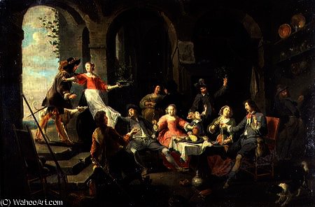 Elegant Company Merrymaking In An Interior With Servants In Attendance — Willem Van Herp
