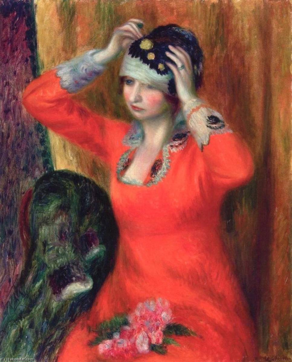 Girl In Red Dress Pinning On Hat — William James Glackens