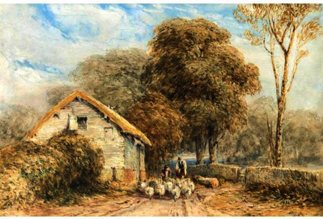 A Shepherd And Sheep By A Barn On A Country Road — David Cox