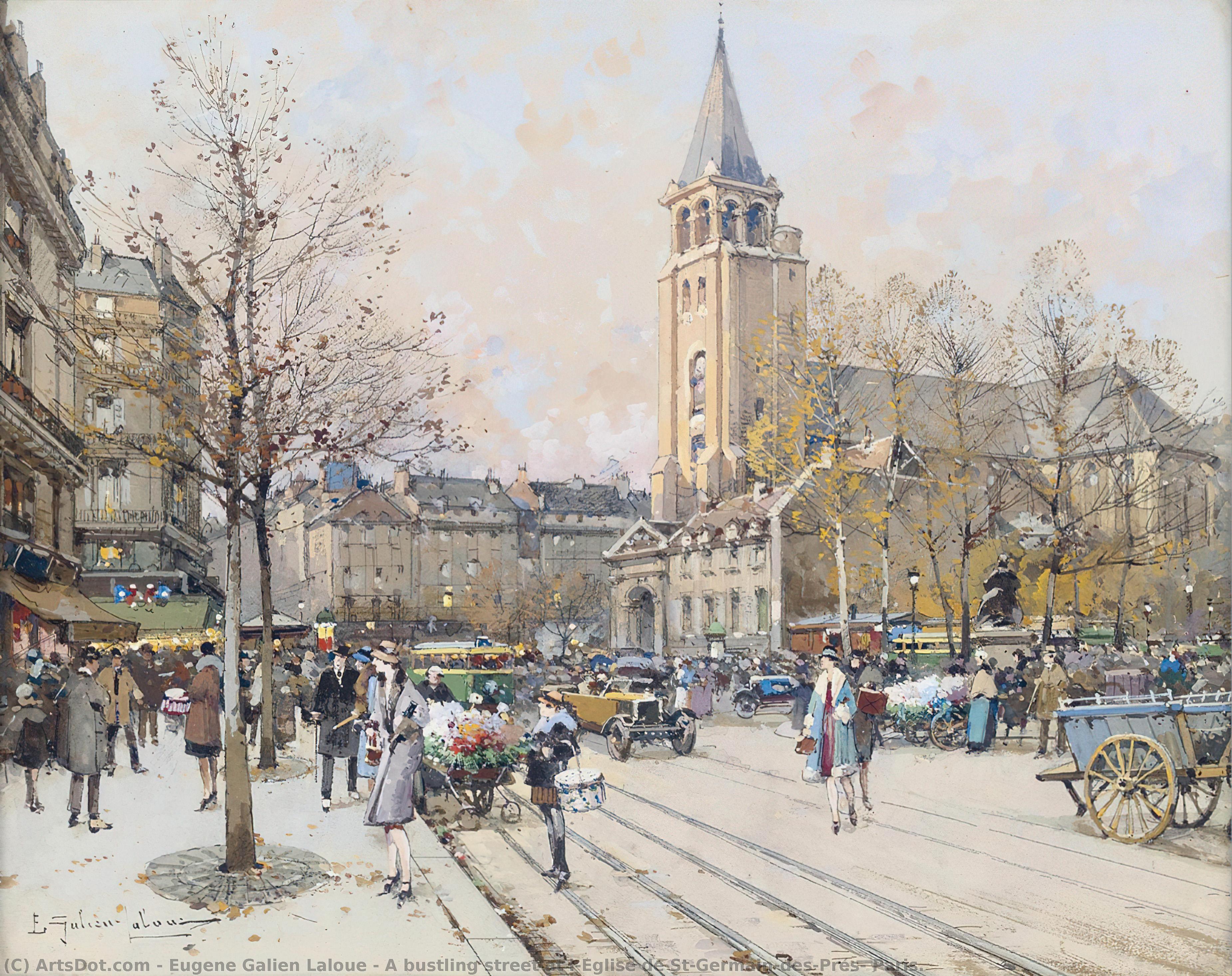 A Bustling Street At L'eglise De St-germain-des-prés, Paris. — Eugène Galien Laloue