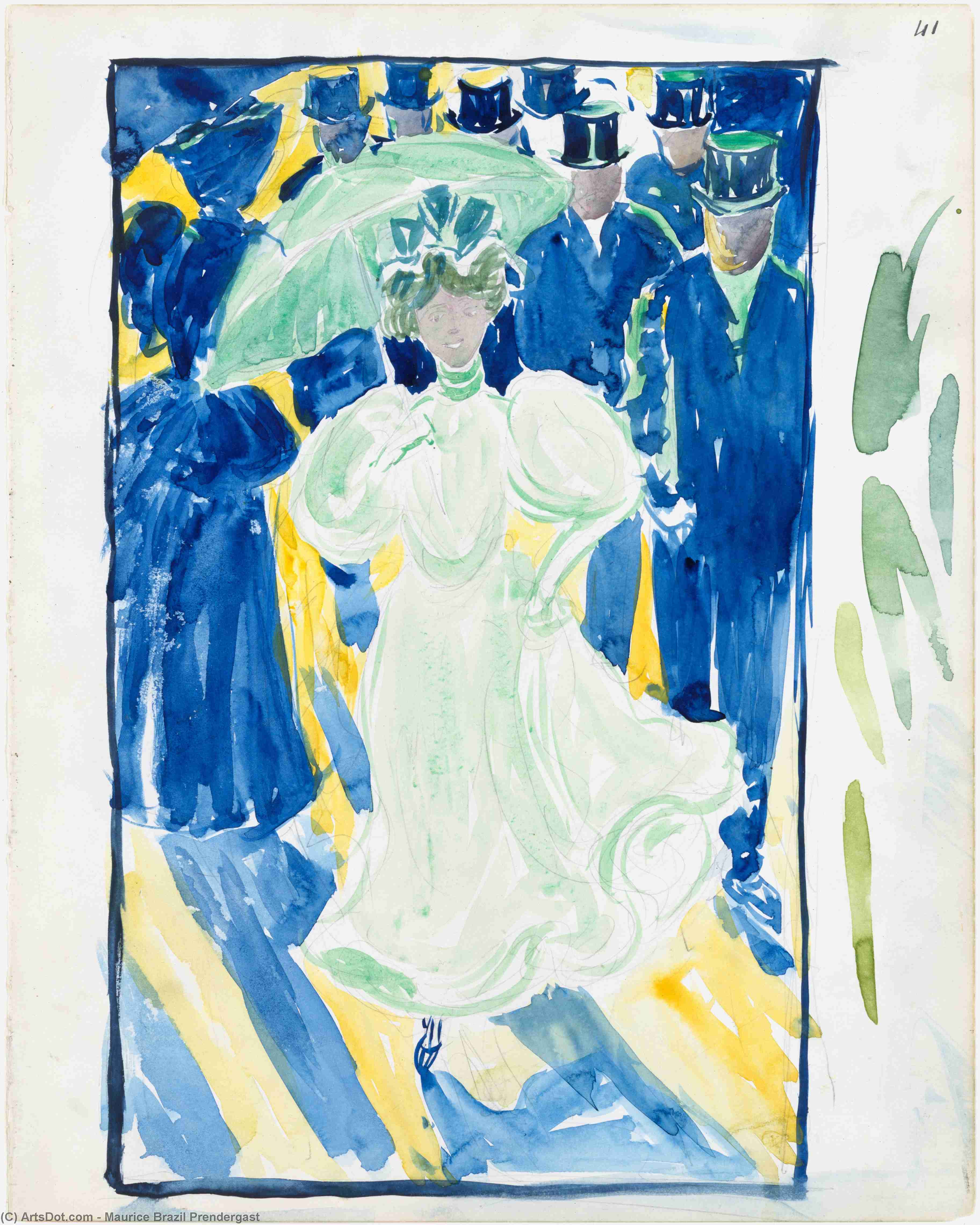 Night Scene With Two Women With Parasols And A Crowd Of Men In Top Hats — Maurice Brazil Prendergast