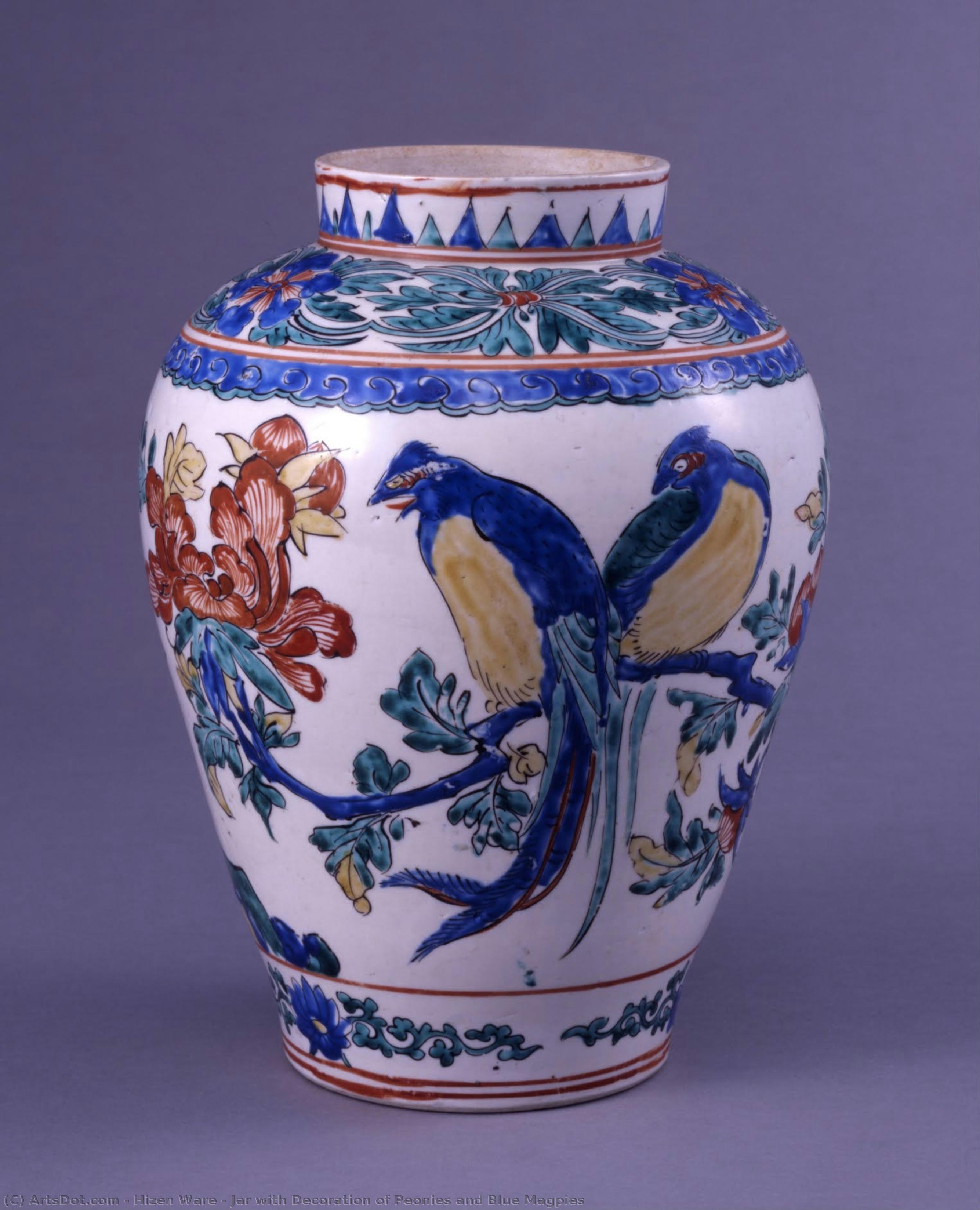 Jar With Decoration Of Peonies And Blue Magpies — Hizen Ware